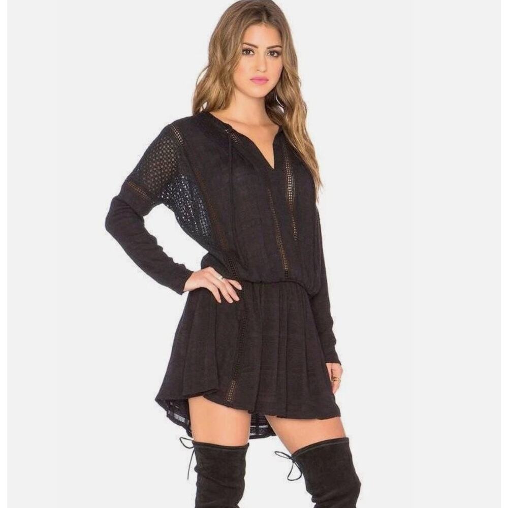 FREE PEOPLE Nomad Peasant Mini Dress Black Boho Sheer Lace Womens L  NWT